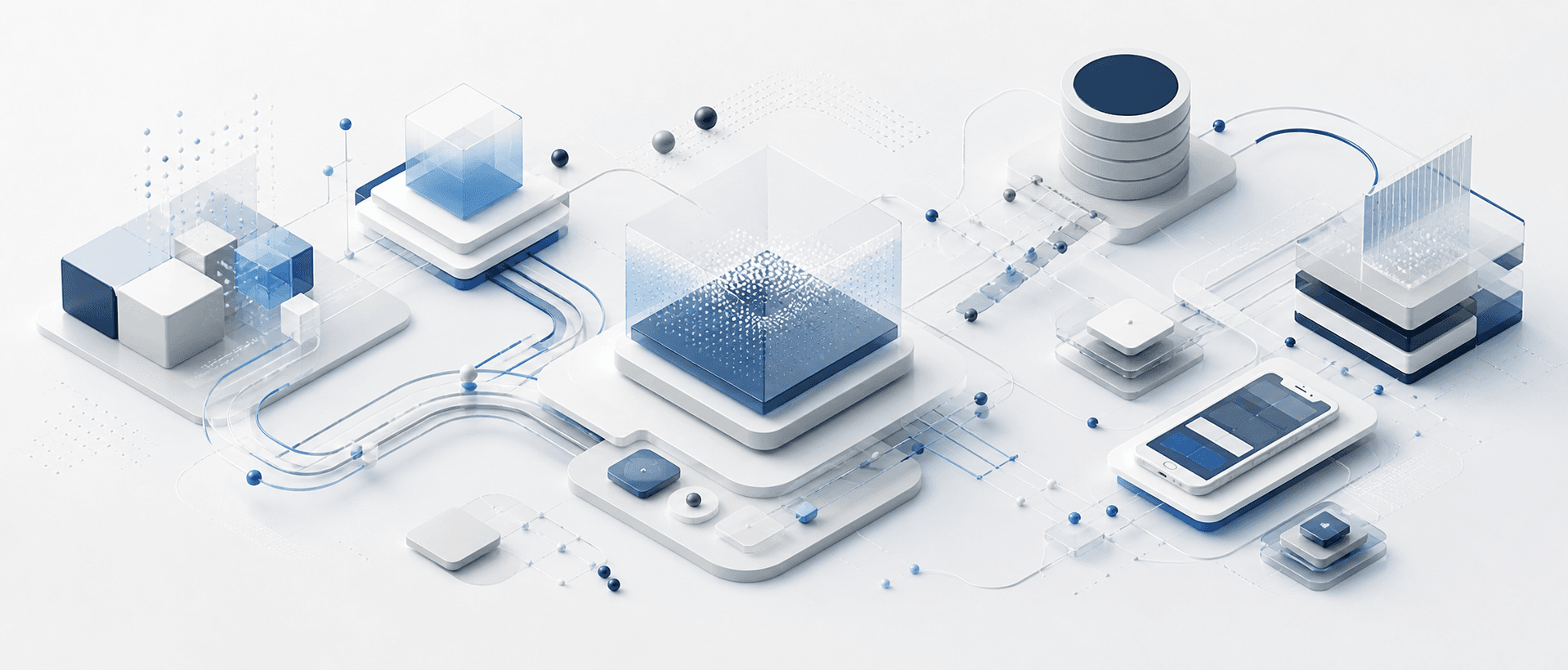 Abstract connected systems representing software, AI, data, and mobile development